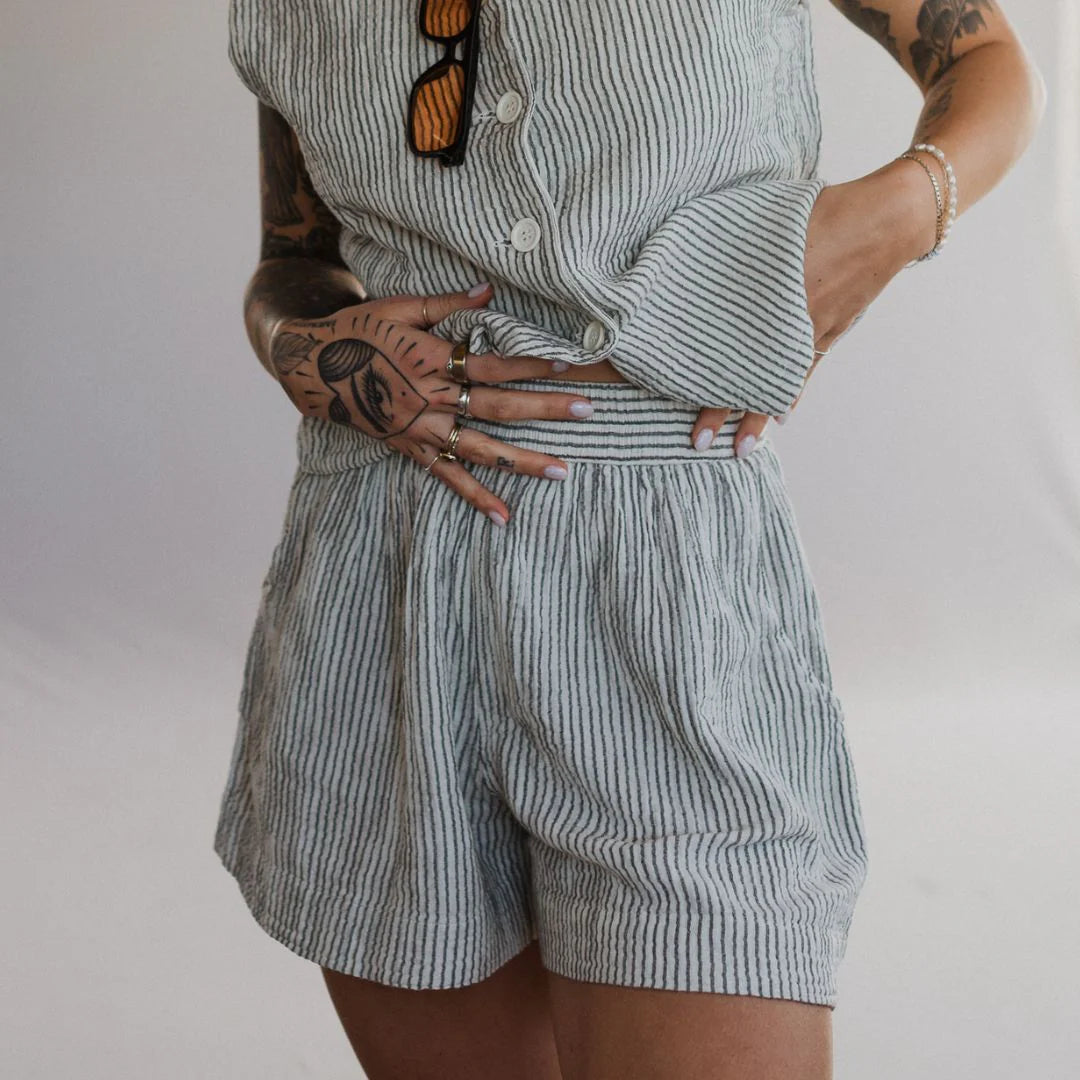 Pokoloko - Striped Crinkle Cotton Shorts -