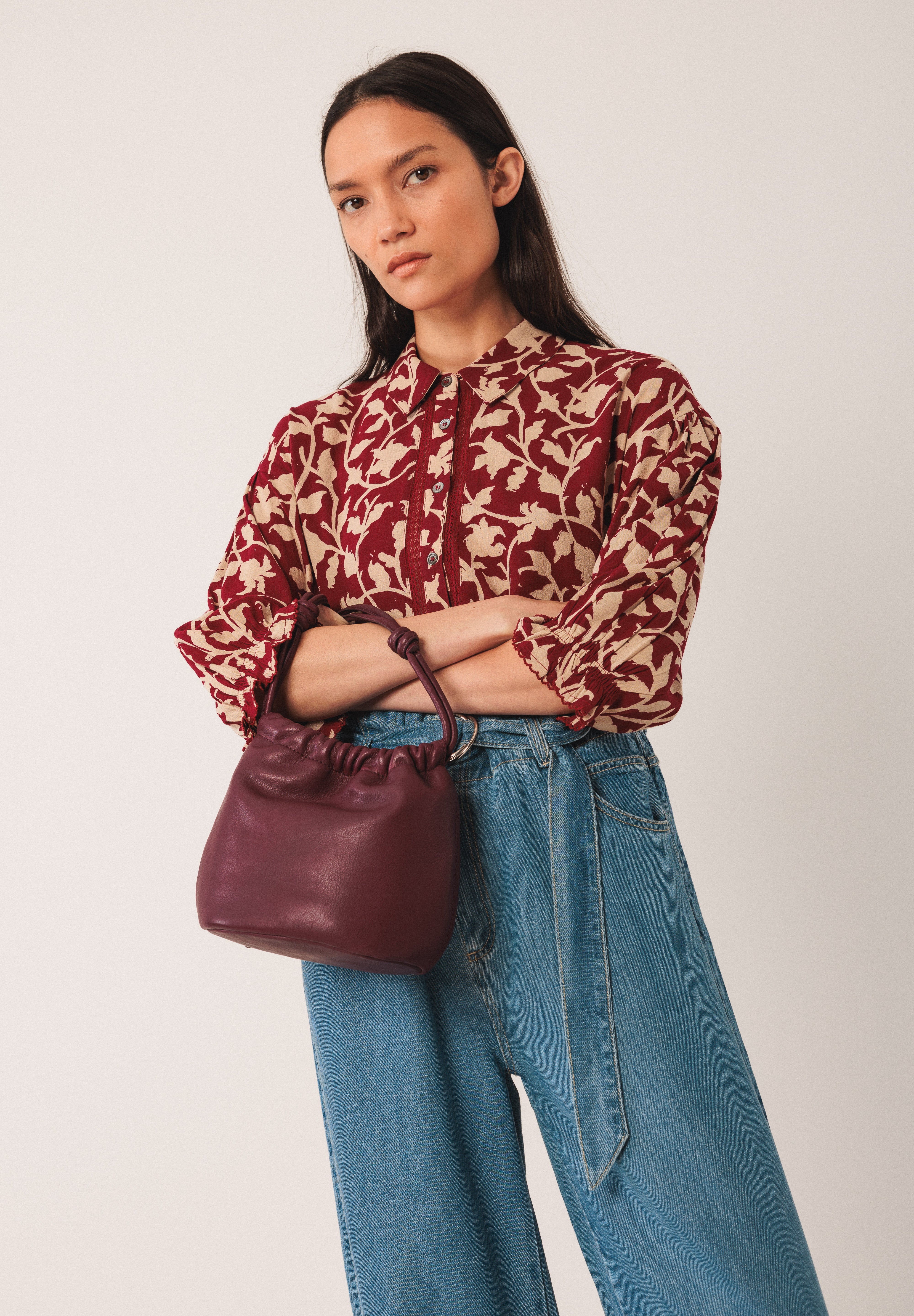 Indi & Cold - 3/4 Sleeve Printed Blouse - Cherry