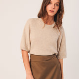 Indi & Cold - Short Sleeve Cable Knit Sweater - Beige