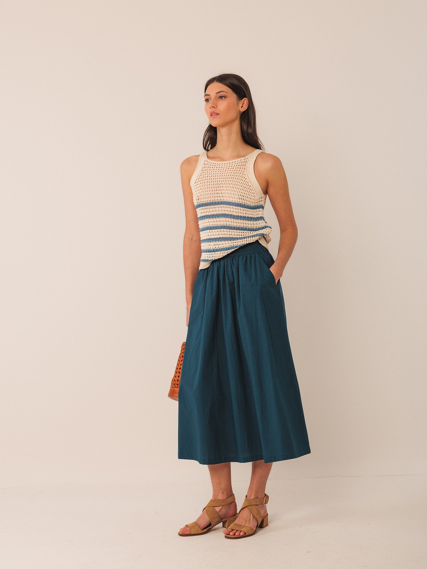 Indi & Cold - Poplin Midi Skirt - Navy