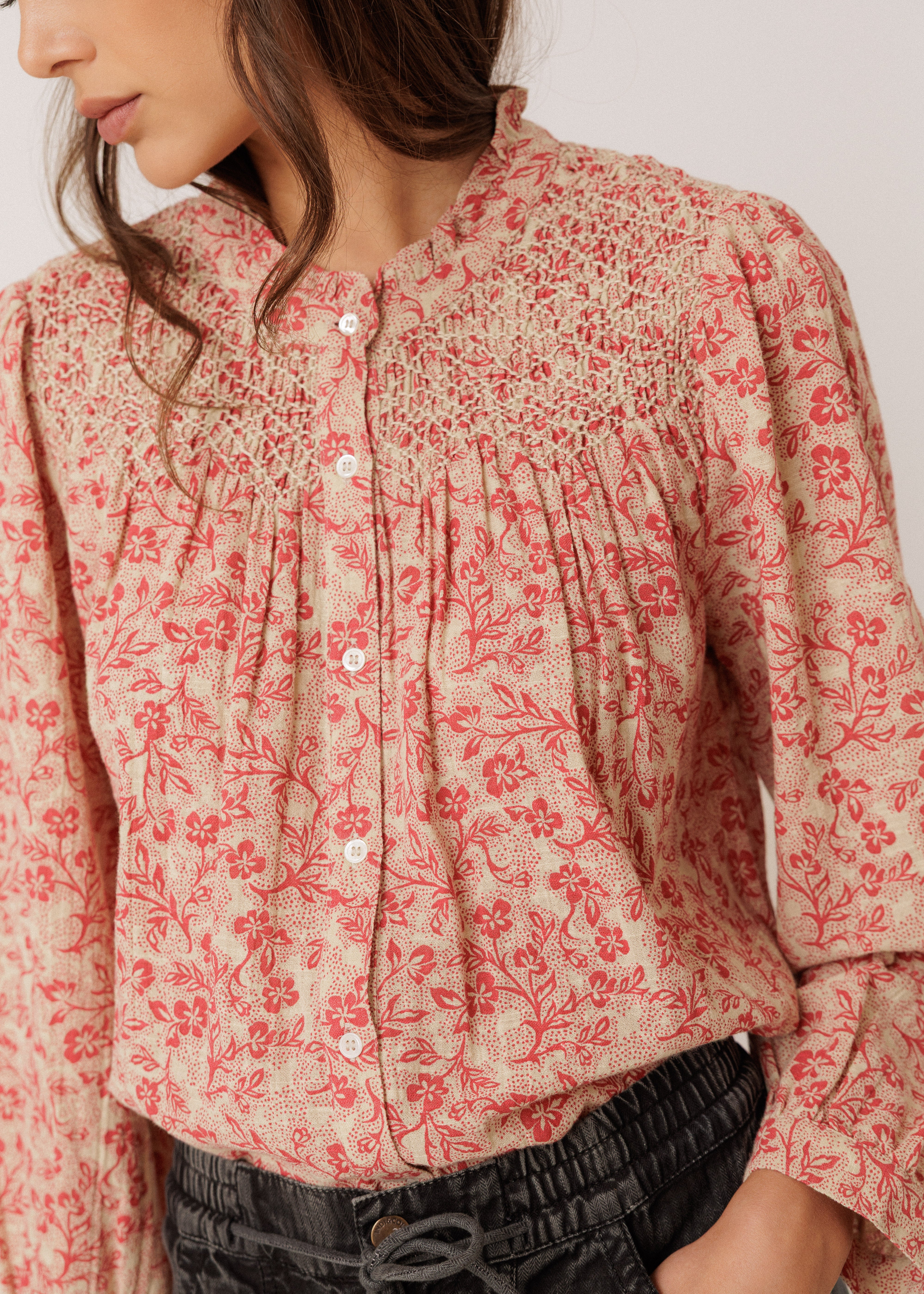 Indi & Cold - Indi&Cold Smocked Embroidery Shirt -