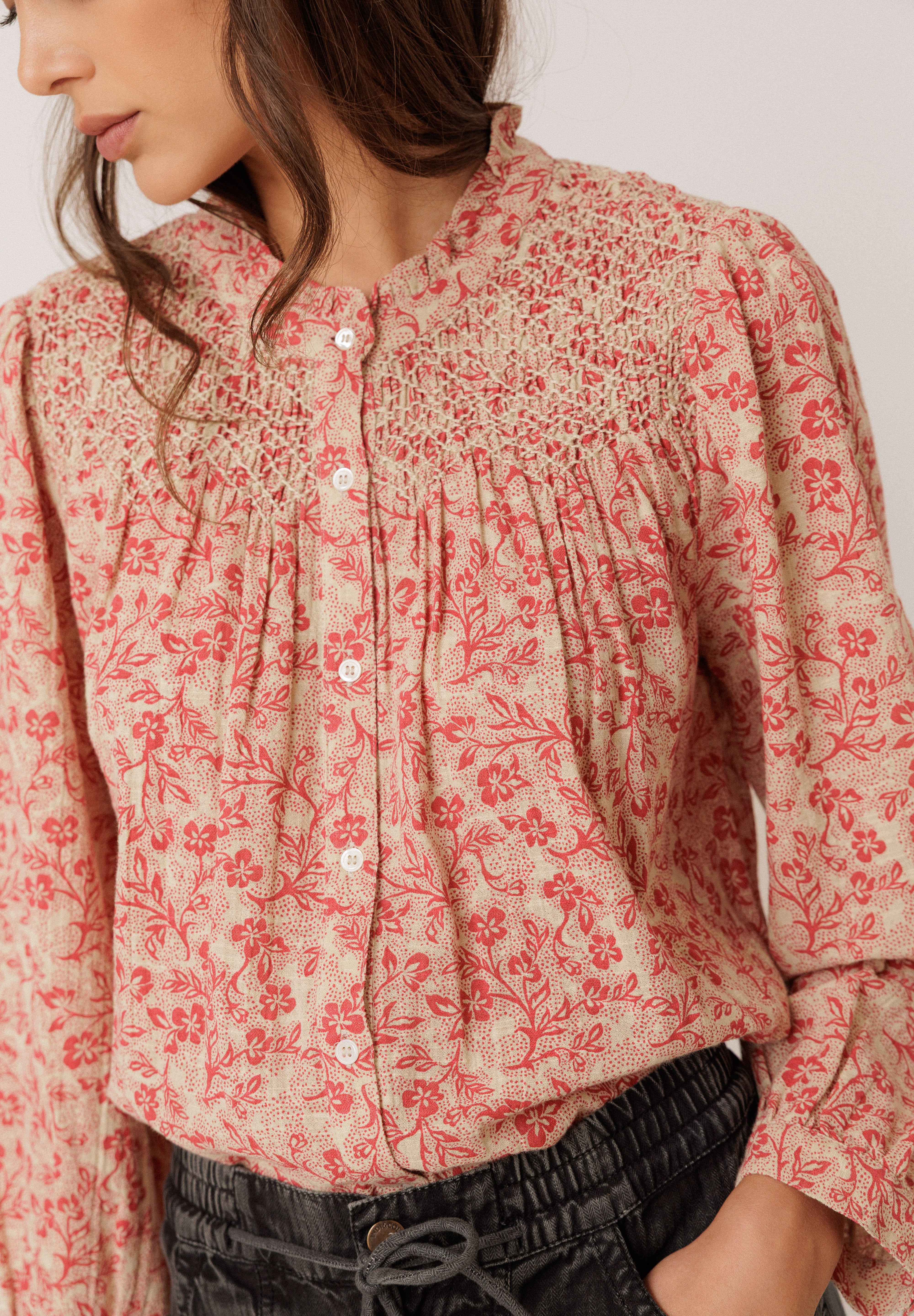 Indi & Cold - Smocked Embroidery Shirt -