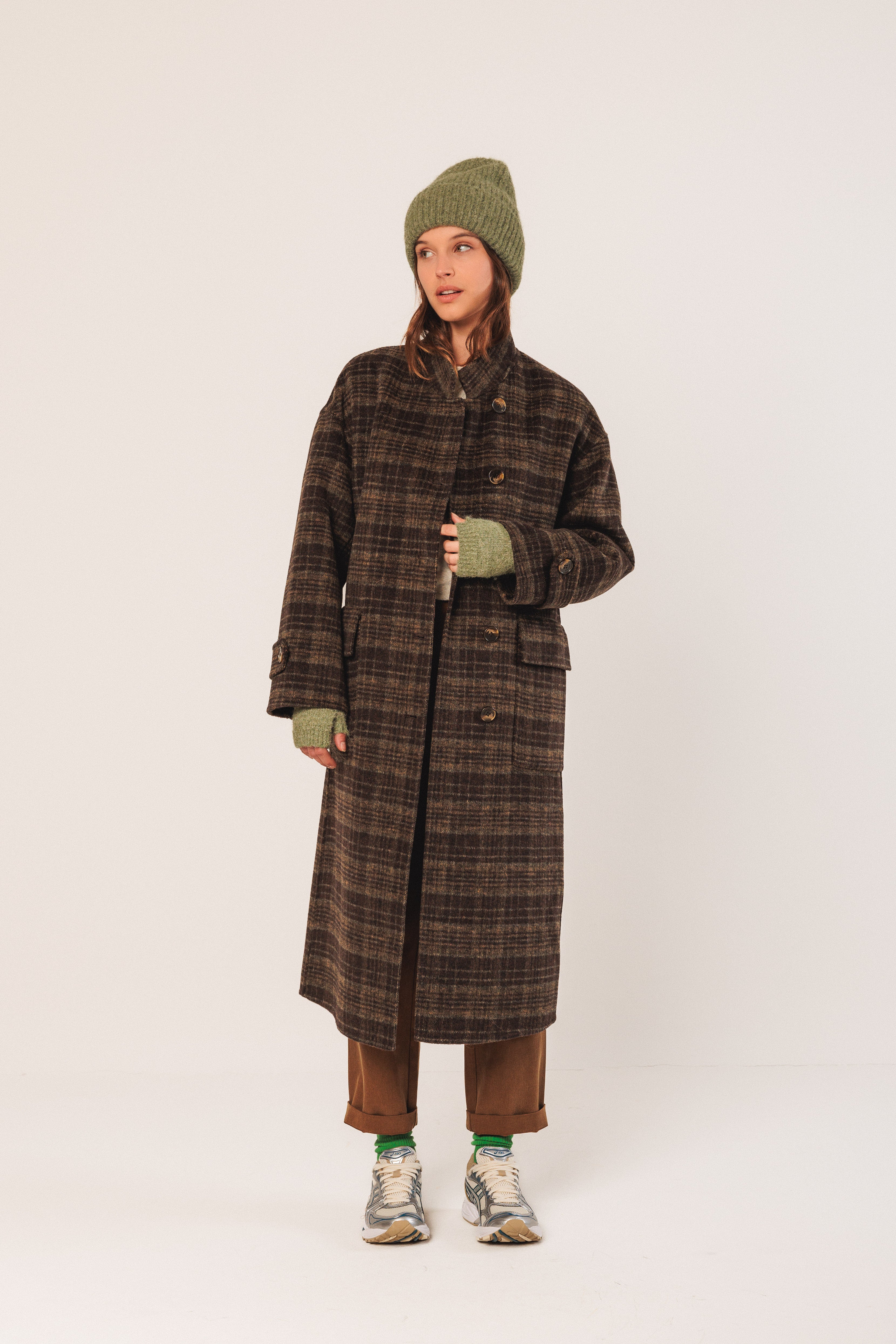 Indi & Cold - Wool Check Coat - Khaki