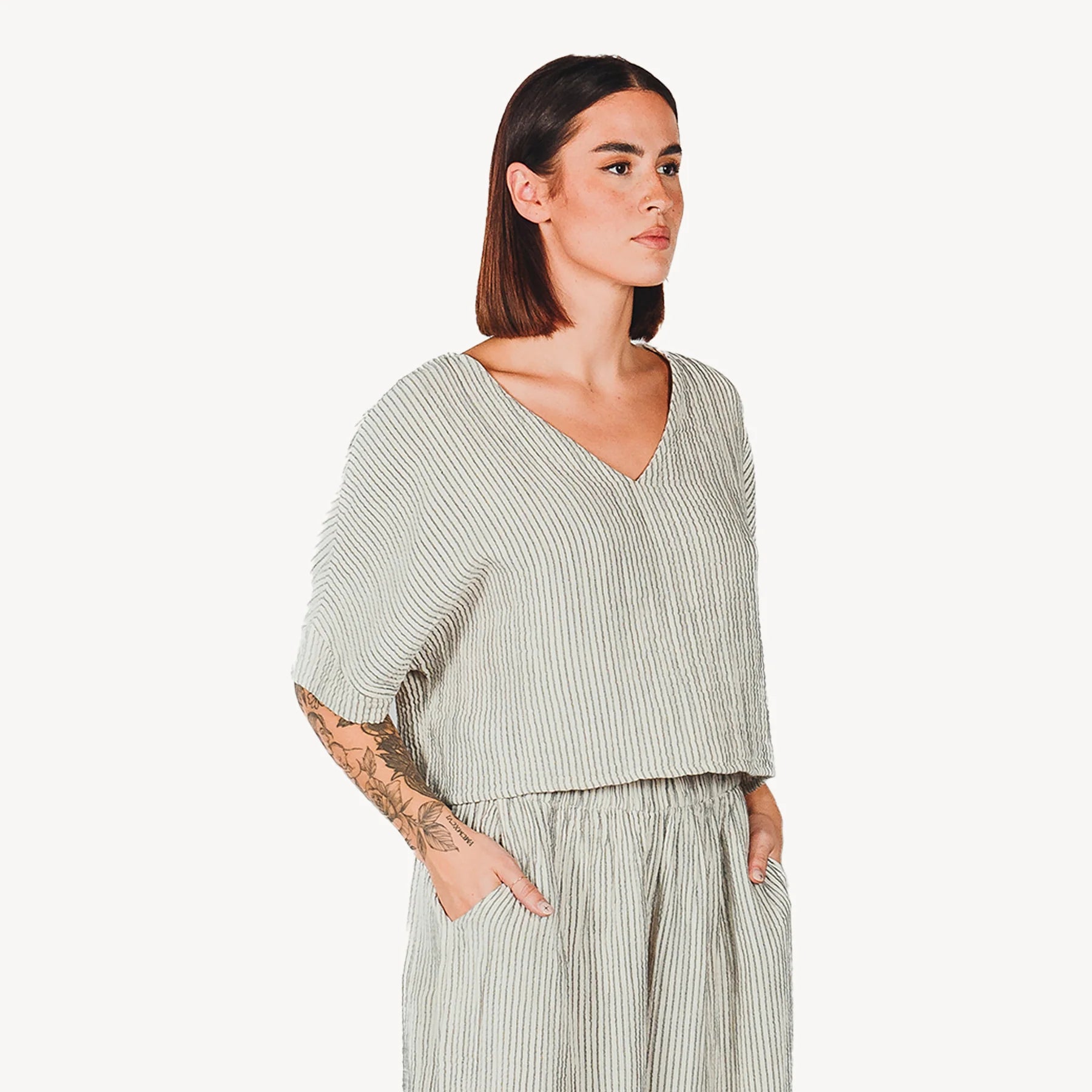 Pokoloko - Striped Crinkle Cotton Top - Ivory Striped O S