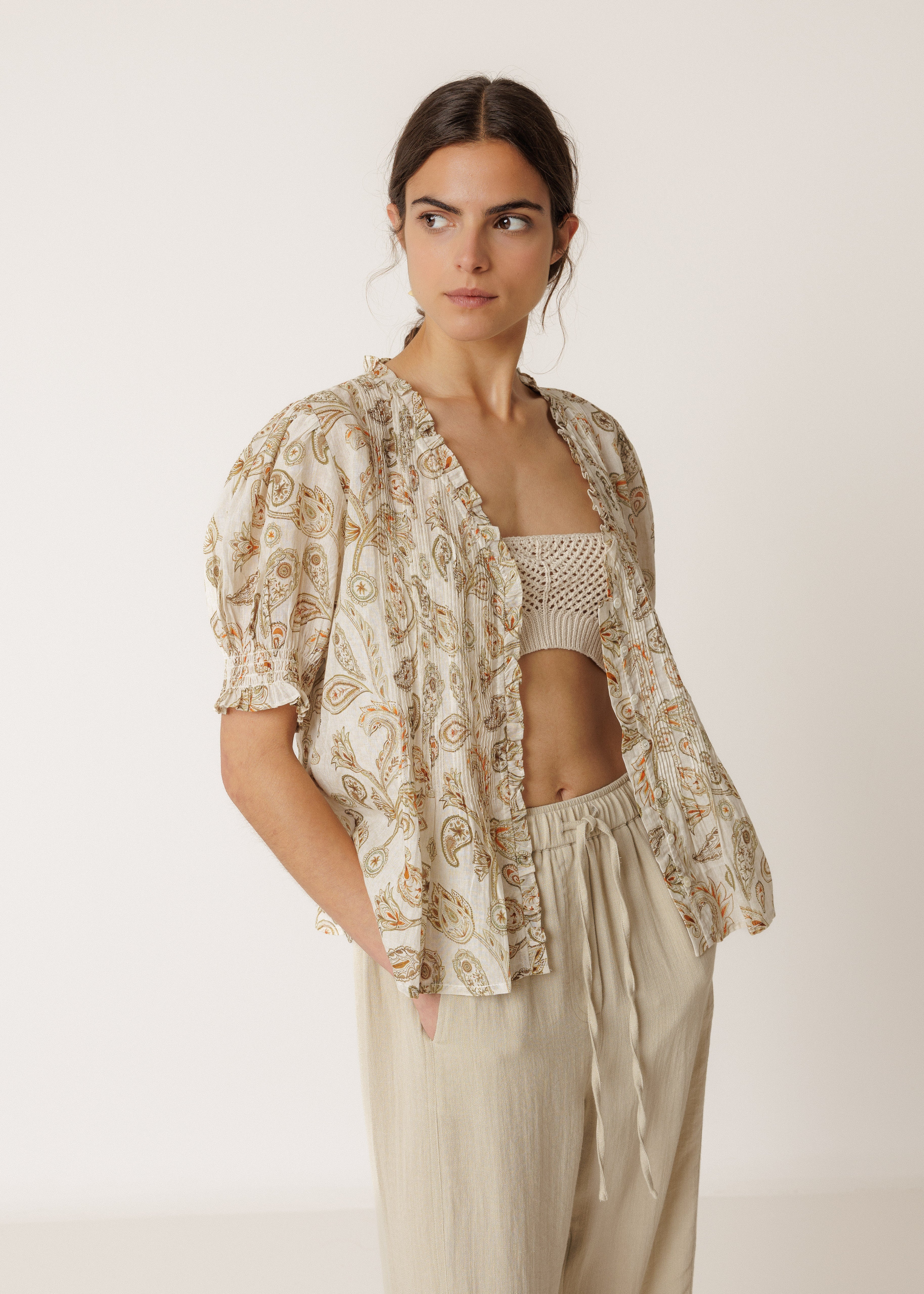 Indi & Cold - Micro-Ruffle Shirt - Khaki