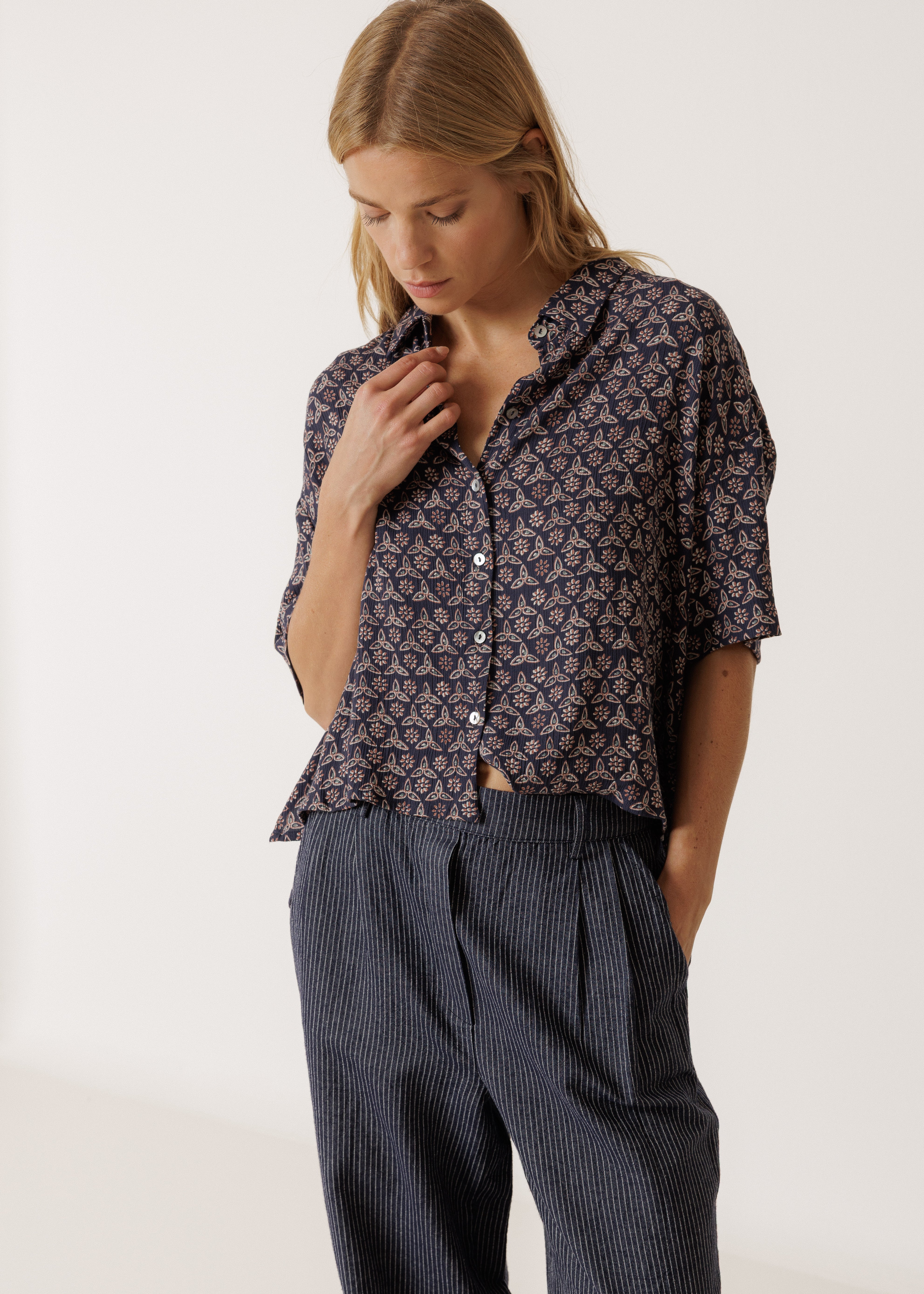 Indi & Cold - Oversize Block Print Blouse - Navy