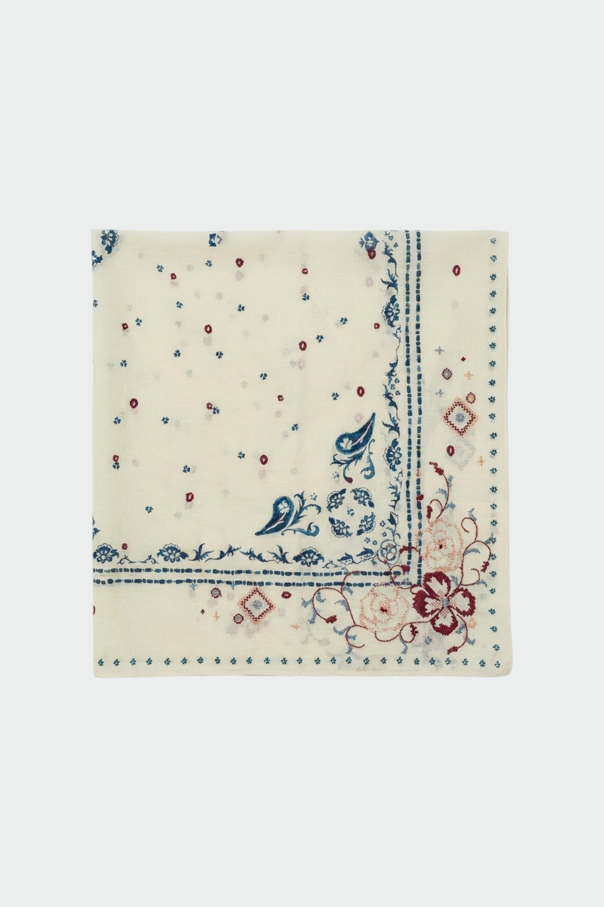 Indi & Cold - Cross Stitch Embroidered Handkerchief Ecru -