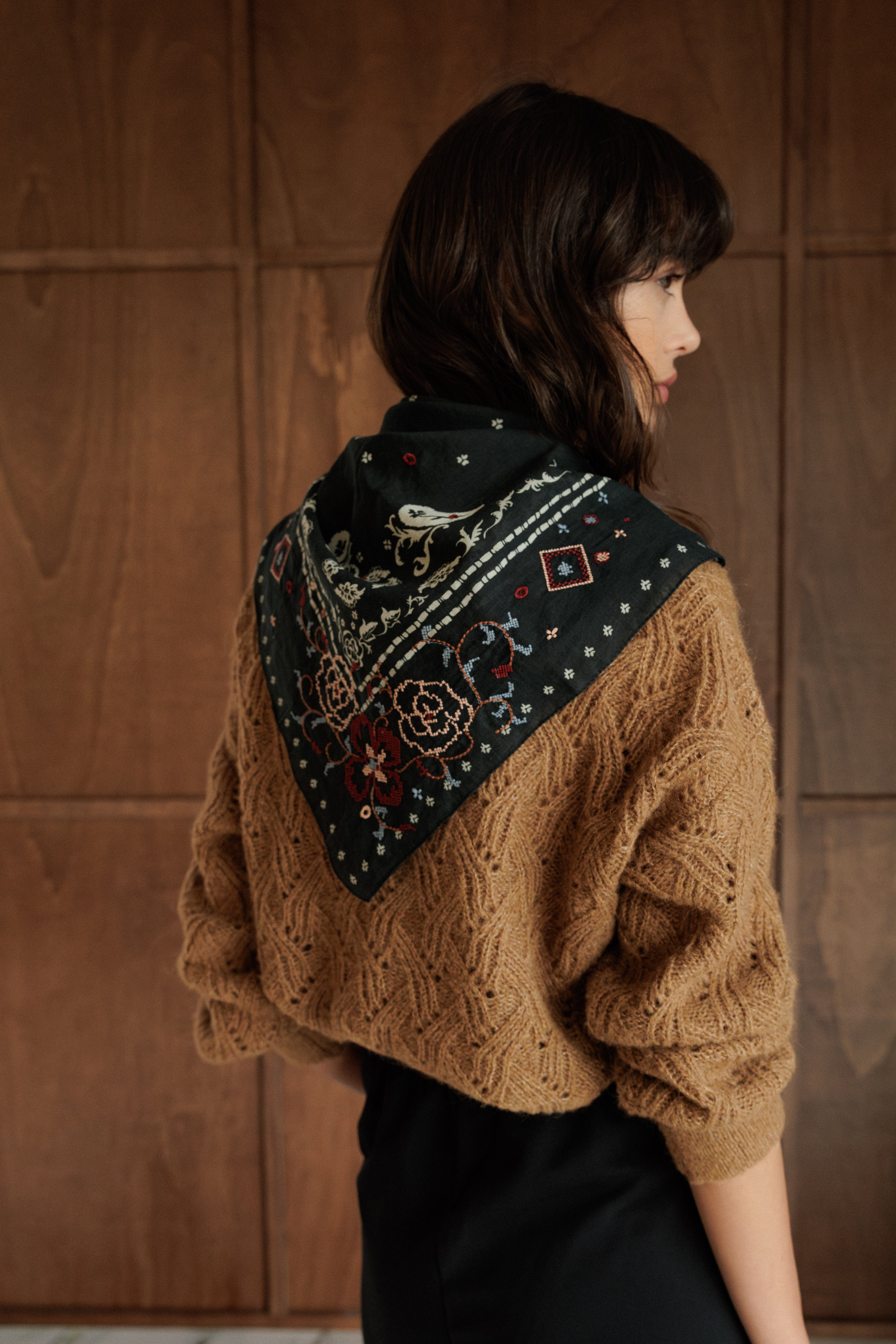 Indi & Cold - Cross Stitch Embroidered Hankerchief – Coal -