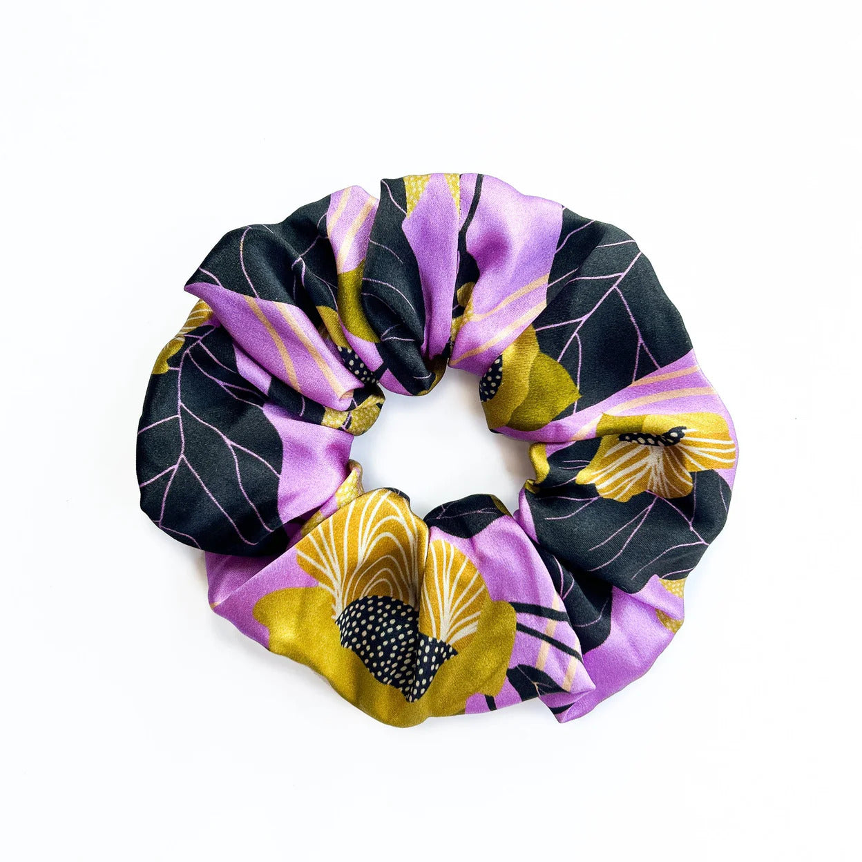 Dora Nola - Silk Scrunchie – Rosie's Garden (Lavender-Navy-Ochre) -