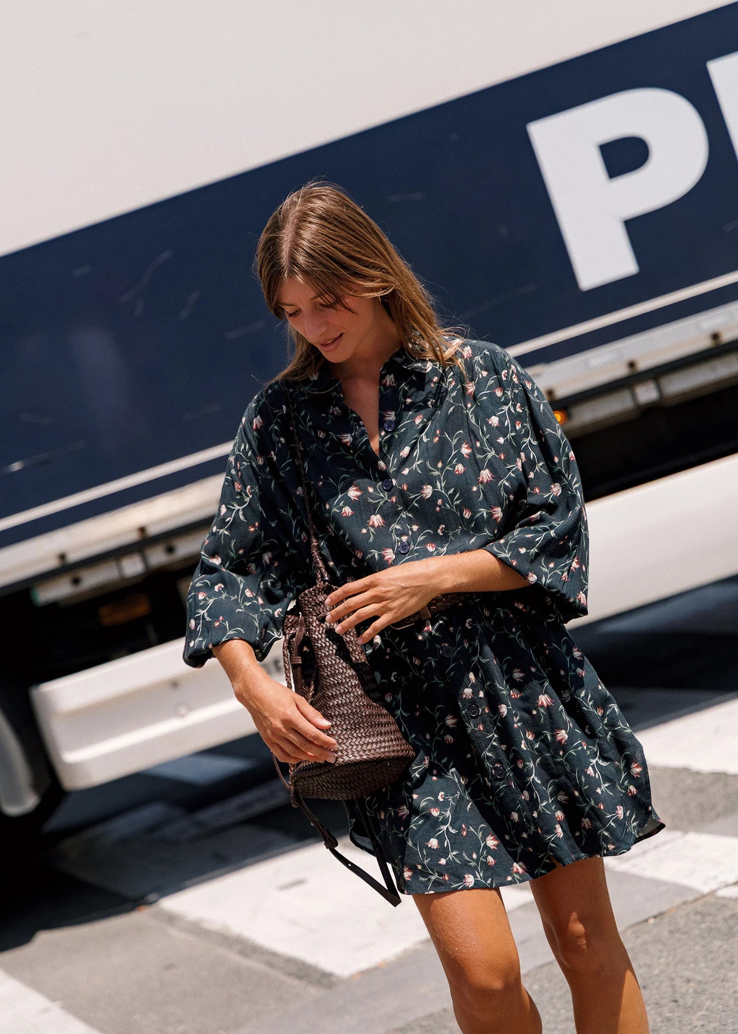 Indi & Cold - Floral-Print Shirt Collar Dress -