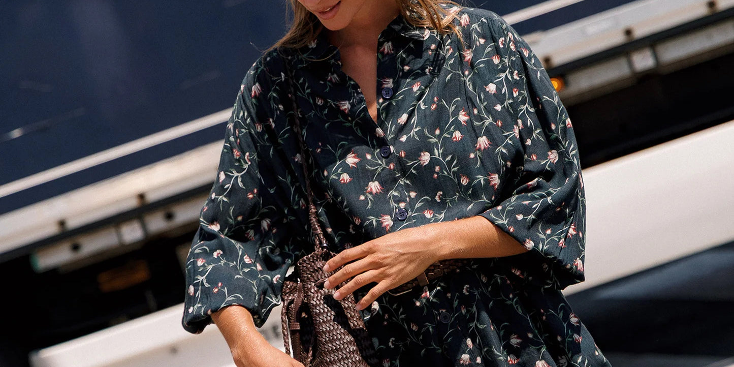 Indi & Cold - Floral-Print Shirt Collar Dress -